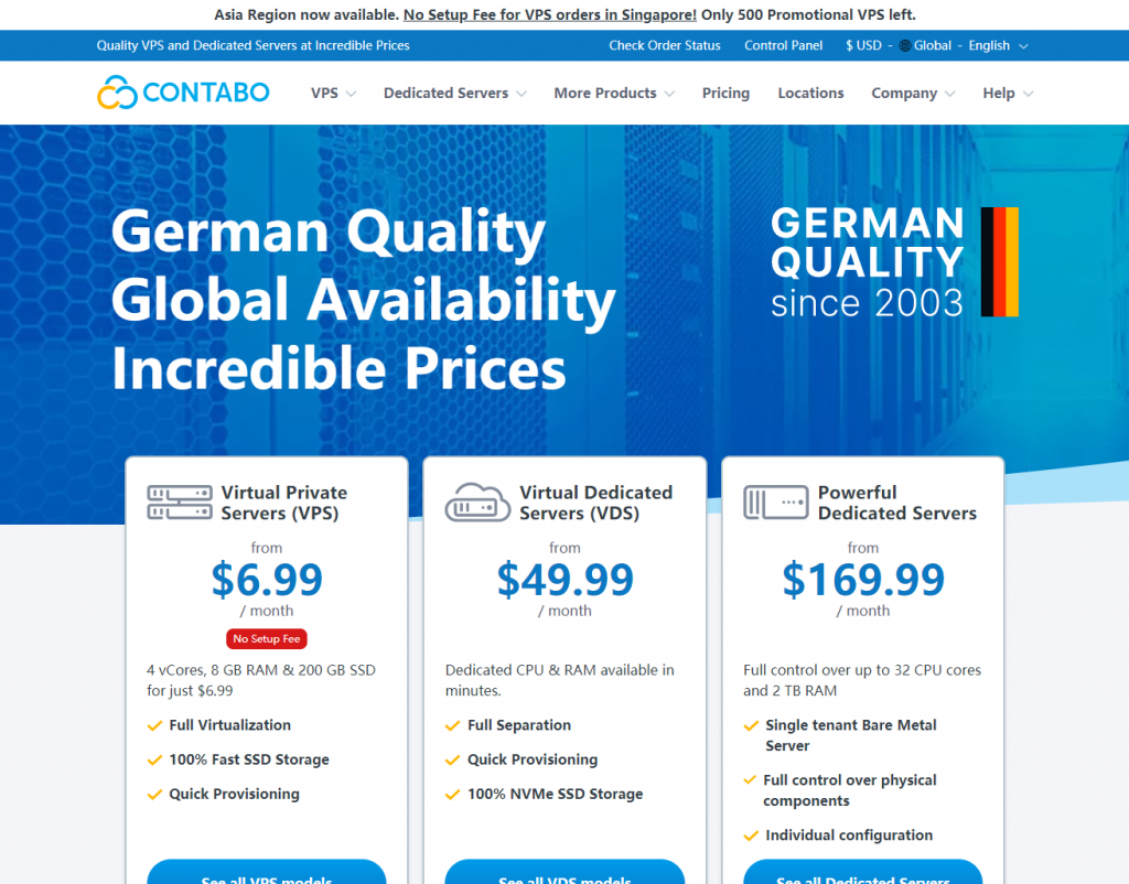 Contabo：德国VPS，美国VPS，4核8G内存50GB NVMe 或200 GB SSD，不限流量，年付$83.88起