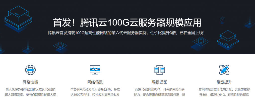 腾讯云全国首发100Gbps带宽云服务器机型，CPU从1核到232核，覆盖标准型SA3、标准型 S6、内存型M6、计算型C6等
