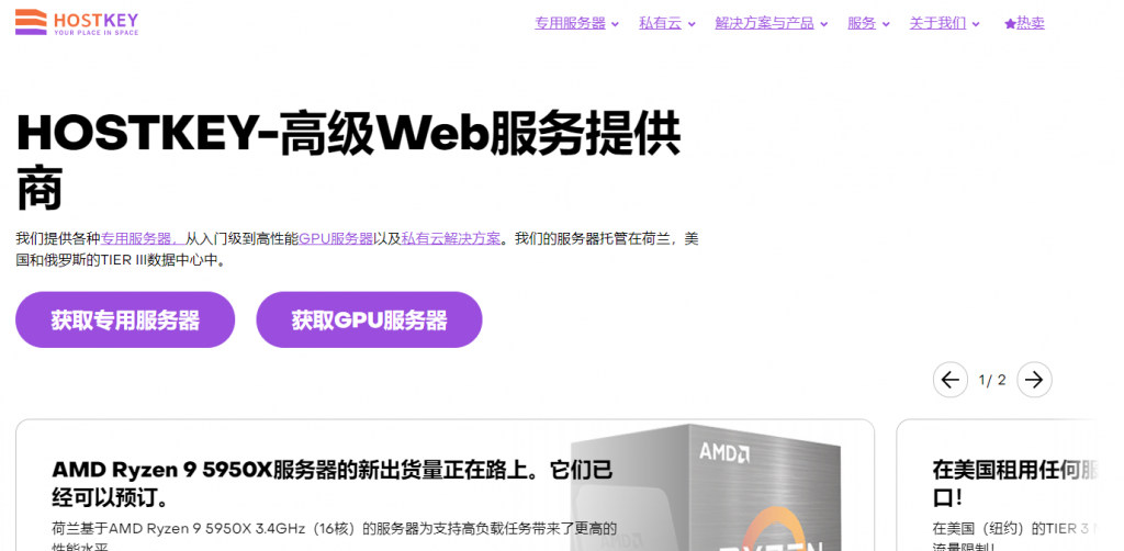 Hostkey主打荷兰/俄罗斯机房独立服务器，常规服务器、AMD和Intel I9高频服务器、GPU服务器、高防服务器