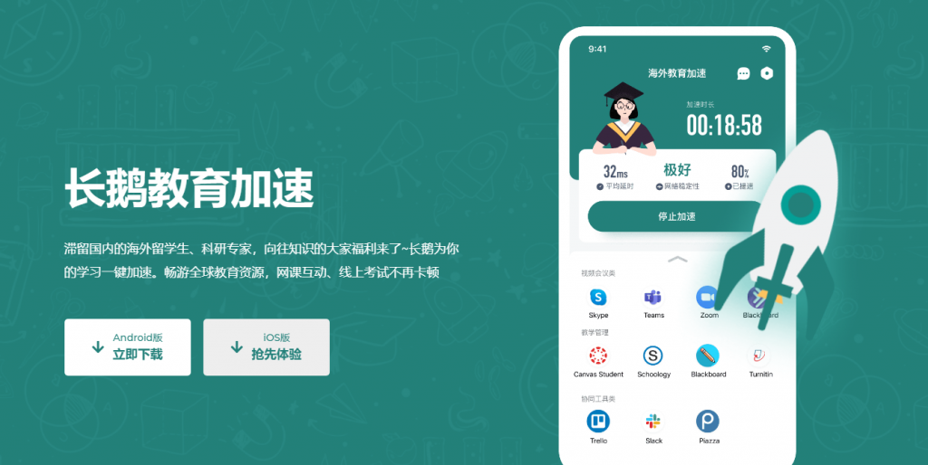 腾讯出品的VPN加速器【长鹅教育加速】为海内外学子、科研人员等提供网络加速和全球教育资源查阅服务