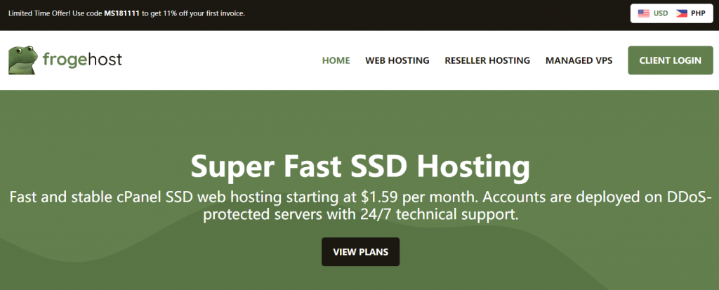 FrogeHost：充值送30%现金，最高赠$90，首购11%折扣，3核/2G内存/70GB SSD硬盘/2TB流量/1Gbps带宽，$57.00/月，提供DirectAdmin面板授权，免费每日备份