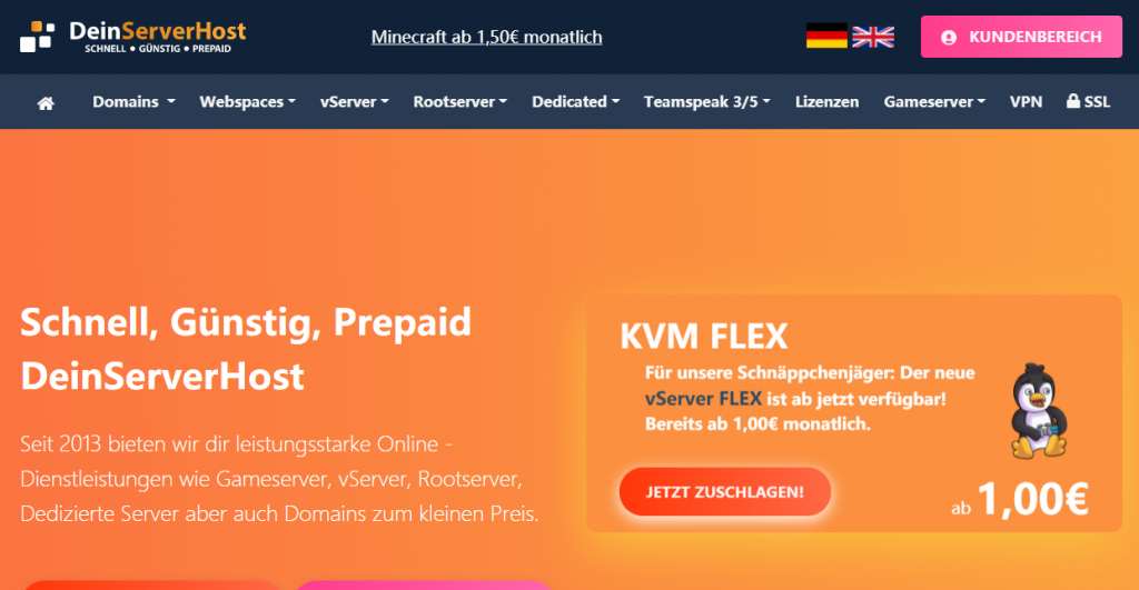 DeinServerHost夏季促销德国KVM VPS，€1.95/月/4GB内存/25GB NVMe空间/不限流量@1Gbps端口/DDOS