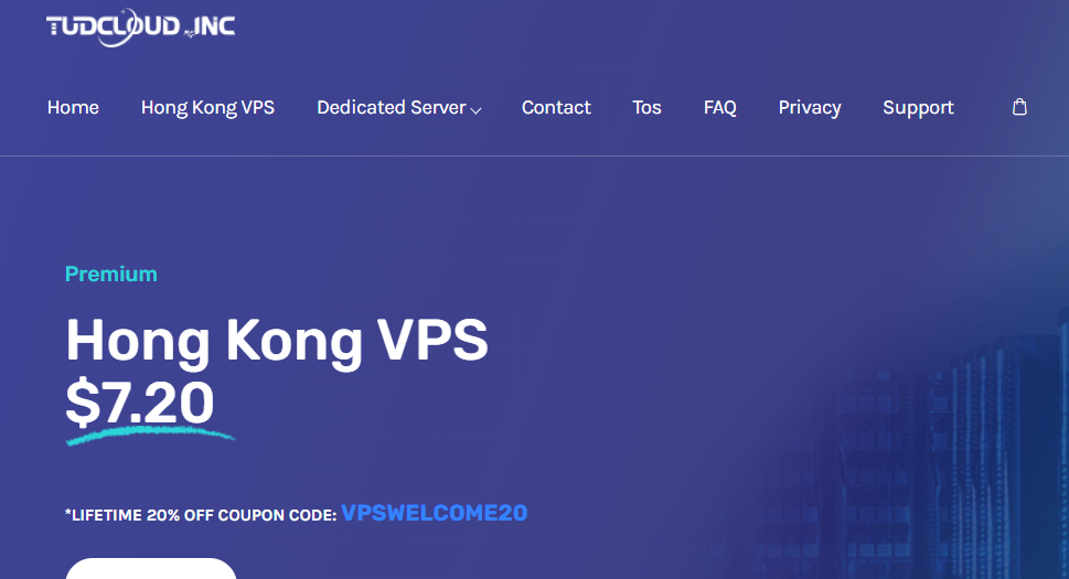 TudCloud香港VPS发布永久8折优惠码，大陆优化线路，E5-2660 V2@1核1G内存套餐月付低至7.2美元