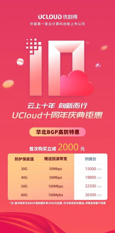云时代的DDoS高防IP防护方案，首次购买UCloud华北BGP高防，享2000元优惠