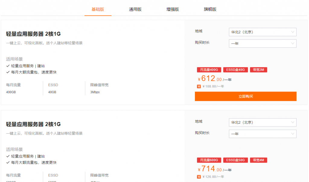 阿里云轻量应用服务器享年付85折优惠，2核1G内存400G月流量40G ESSD盘3M带宽612元/年，机房可选北上广深等