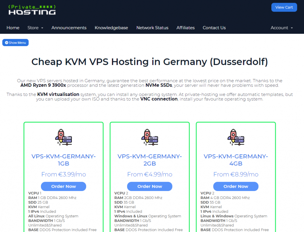 Private-Hosting便宜KVM VPS：德国杜塞尔多夫机房，G口大带宽不限流量，€3.99/月/1核@AMD Ryzen 9 3900x/1GB内存
