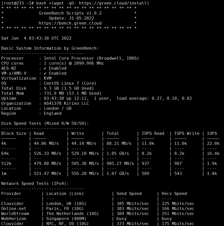 Linux一键测速脚本GreenBench：GreenCloudVPS绿云提供Linux系统VPS服务器一键测速及基本信息测试脚本
