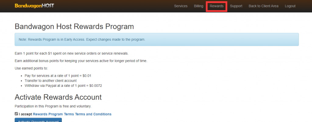 搬瓦工上线Rewards Program奖励计划，通过消费返积分，可用于支付抵现或直接提现