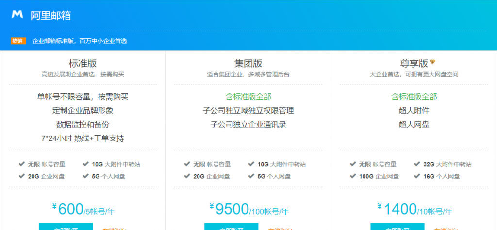 阿里企业邮箱多账号低至600元/年起，7*24 小时服务支持，数据迁移无缝对接，钉钉+阿里企业邮箱办公更简单高效！