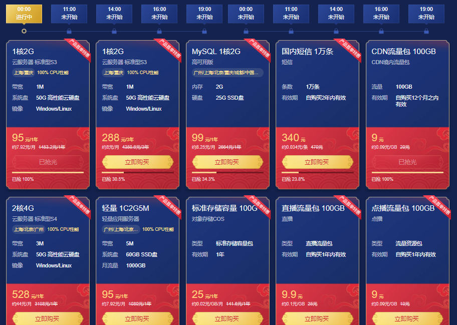 腾讯云2021新春采购节爆品秒杀全部5场次云产品配置及价格一览