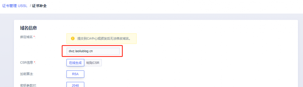 填写SSL证书域名信息
